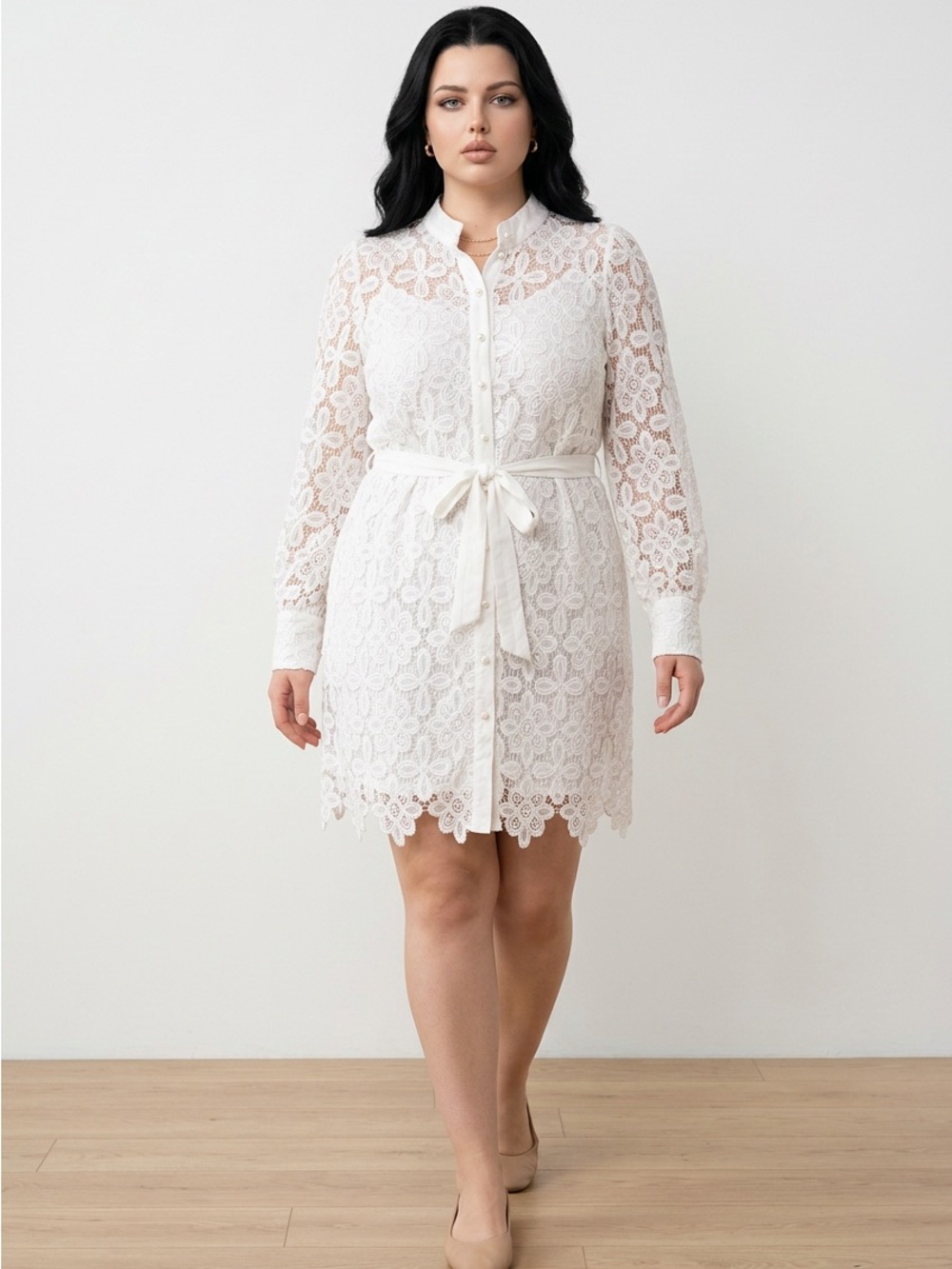 SHEIN White Floral Lace Shirt Dress with Tie Waist